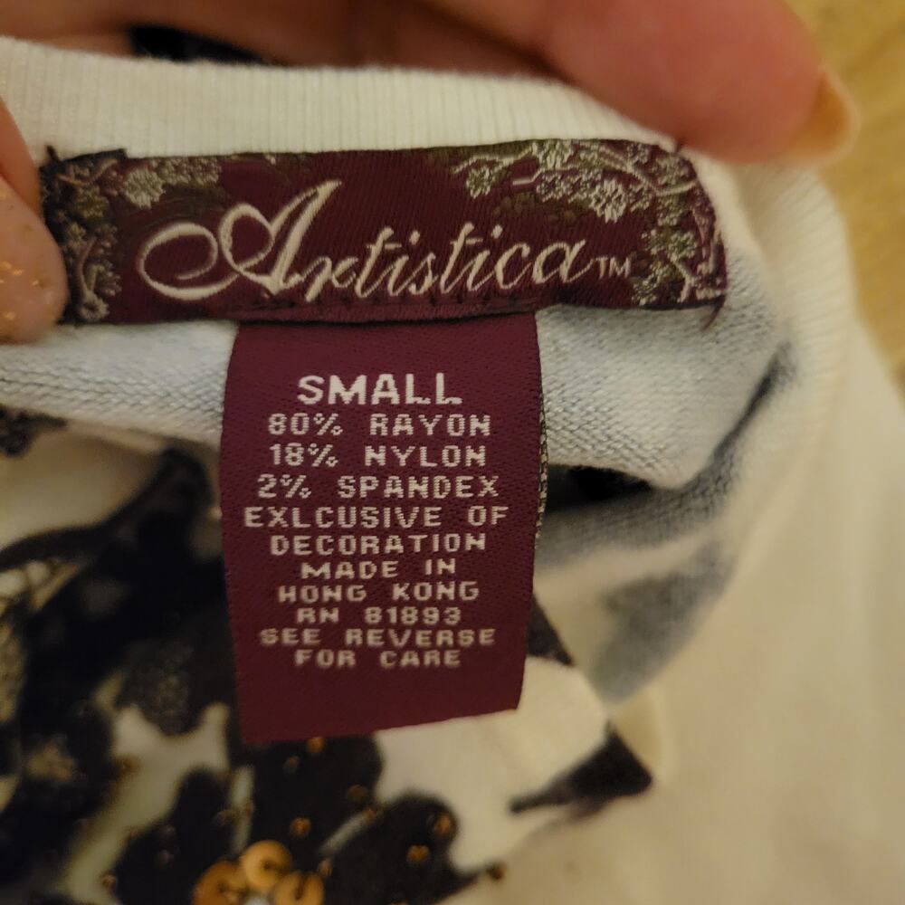 NWT Artistica Beaded Sequin Floral Stretch Long Sleeve Top Ivory Womens Size S - Picture 7 of 9